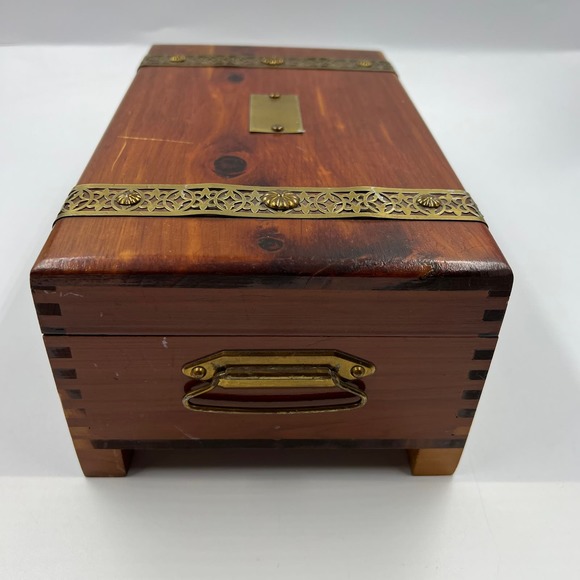 Vintage Wooden Latch Jewelry Storage Box Gold Tone Metal Blue Lining Mirror MCM - Picture 11 of 13